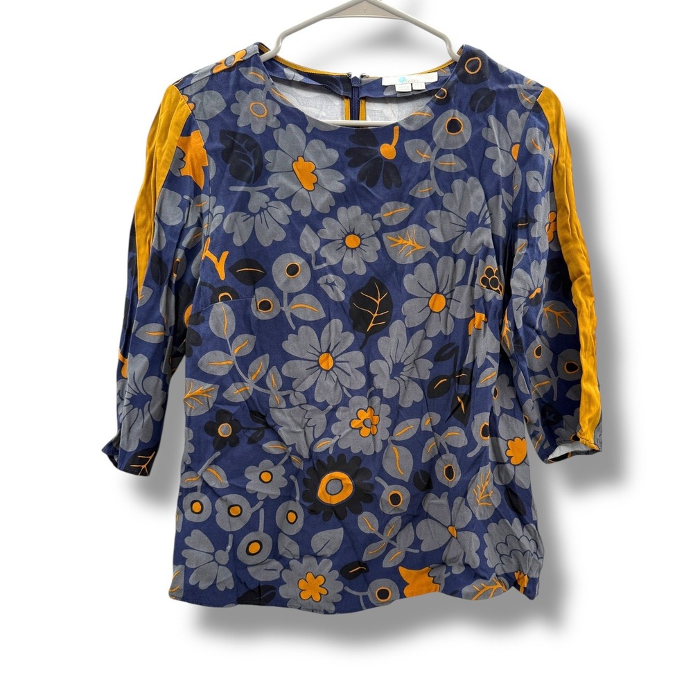 Boden Floral Blouse Womens Size 8 Navy Blue Mustard‎ Yellow 3/4 Sleeve Viscose